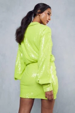 Sequin Deep Cuff Button Through Shirt Dress -BOW Clothing Shop lime sequin deep cuff button through shirt dress 2