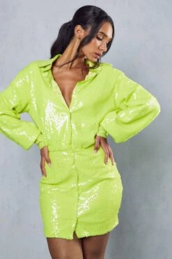 Sequin Deep Cuff Button Through Shirt Dress -BOW Clothing Shop lime sequin deep cuff button through shirt dress 4