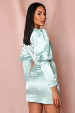 Extreme Puff Shoulder Satin Blazer Dress -BOW Clothing Shop mint extreme puff shoulder satin blazer dress 1