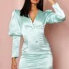 Extreme Puff Shoulder Satin Blazer Dress -BOW Clothing Shop mint extreme puff shoulder satin blazer dress