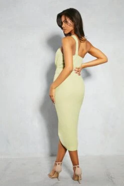 Linen Twist Asymmetric Neckline Ruched Midi Dress -BOW Clothing Shop mint linen twist asymmetric neckline ruched midi dress 2