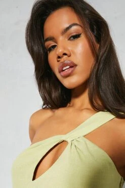 Linen Twist Asymmetric Neckline Ruched Midi Dress -BOW Clothing Shop mint linen twist asymmetric neckline ruched midi dress 3