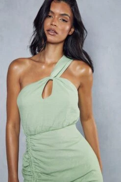 Linen Twist Asymmetric Neckline Ruched Midi Dress -BOW Clothing Shop mint linen twist asymmetric neckline ruched midi dress 5