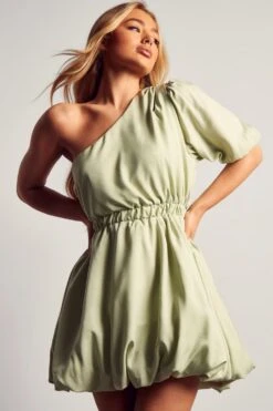 One Shoulder Puffball Mini Dress -BOW Clothing Shop mint one shoulder puffball mini dress 3