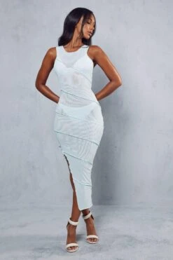 Recycled Double Mesh Lettuce Seam Midi Dress -BOW Clothing Shop mint recycled double mesh lettuce seam midi dress 3