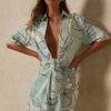 Wave Print Drape Front Plunge Shirt Dress -BOW Clothing Shop mint wave print drape front plunge shirt dress