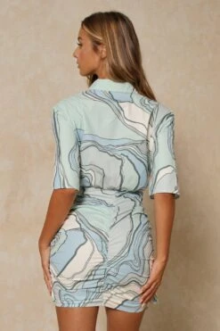 Wave Print Drape Front Plunge Shirt Dress -BOW Clothing Shop mint wave print drape front plunge shirt dress 3