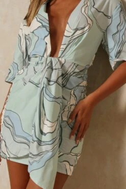 Wave Print Drape Front Plunge Shirt Dress -BOW Clothing Shop mint wave print drape front plunge shirt dress 4