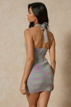 Knitted Ribbed Plunge Halterneck Mini Dress -BOW Clothing Shop multi knitted ribbed plunge halterneck mini dress 2