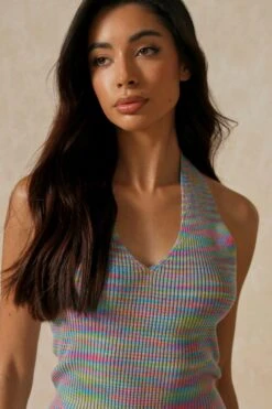 Knitted Ribbed Plunge Halterneck Mini Dress -BOW Clothing Shop multi knitted ribbed plunge halterneck mini dress 4