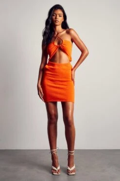 Knitted Keyhole Cut Out Mini Dress -BOW Clothing Shop orange knitted keyhole cut out mini dress 3