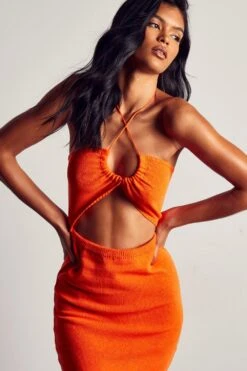 Knitted Keyhole Cut Out Mini Dress -BOW Clothing Shop orange knitted keyhole cut out mini dress 4