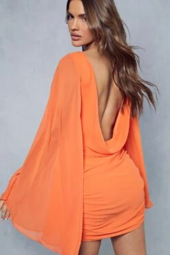 Premium Chiffon Draped Cowl Back Flare Sleeve Mini Dress -BOW Clothing Shop orange premium chiffon draped cowl back flare sleeve mini dress 2