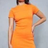 Premium Ribbed Short Sleeve Mini Dress -BOW Clothing Shop orange premium ribbed short sleeve mini dress