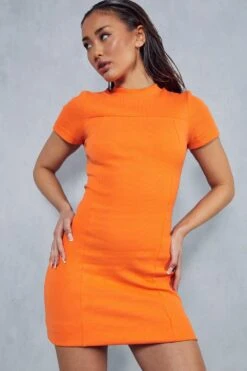 Premium Ribbed Short Sleeve Mini Dress -BOW Clothing Shop orange premium ribbed short sleeve mini dress 4