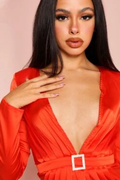 Satin Diamante Buckle Draped Plunge Dress 7 Satin Diamante Buckle Draped Plunge Dress -BOW Clothing Shop orange satin diamante buckle draped plunge dress 1