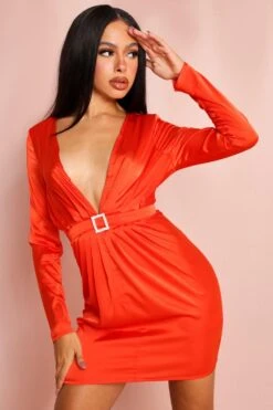 Satin Diamante Buckle Draped Plunge Dress 9 Satin Diamante Buckle Draped Plunge Dress -BOW Clothing Shop orange satin diamante buckle draped plunge dress 3