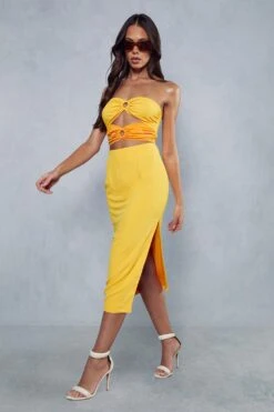 Textured Linen Contrast Ring Detail Midi Dress -BOW Clothing Shop orange textured linen contrast ring detail midi dress 3