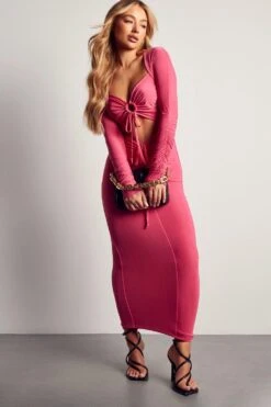 Double Layer Slinky Ruched Front Midaxi Dress -BOW Clothing Shop pink double layer slinky ruched front midaxi dress 3