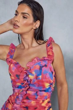 Firey Floral Print Frill Detail Ruched Mini Dress 9 Firey Floral Print Frill Detail Ruched Mini Dress -BOW Clothing Shop pink firey floral print frill detail ruched mini dress 1