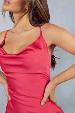 Lace Insert Satin Cowl Neck Maxi Dress -BOW Clothing Shop pink lace insert satin cowl neck maxi dress 1