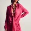 Linen Look Draped Shirt Dress -BOW Clothing Shop pink linen look draped shirt dress