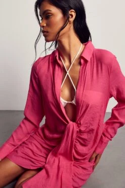 Linen Look Draped Shirt Dress -BOW Clothing Shop pink linen look draped shirt dress 1 1