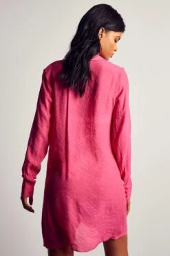 Linen Look Draped Shirt Dress -BOW Clothing Shop pink linen look draped shirt dress 1 2