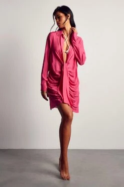 Linen Look Draped Shirt Dress -BOW Clothing Shop pink linen look draped shirt dress 1 3
