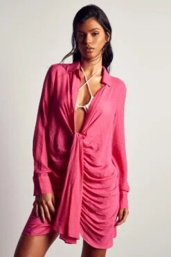 Linen Look Draped Shirt Dress -BOW Clothing Shop pink linen look draped shirt dress 1 4