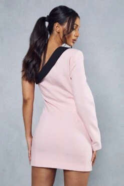 One Shoulder Contrast Tailored Blazer Dress -BOW Clothing Shop pink one shoulder contrast tailored blazer dress 2
