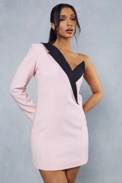 One Shoulder Contrast Tailored Blazer Dress -BOW Clothing Shop pink one shoulder contrast tailored blazer dress 4