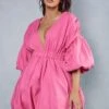 Plunge Front Extreme Puff Sleeve Mini Dress 2 Plunge Front Extreme Puff Sleeve Mini Dress -BOW Clothing Shop pink plunge front extreme puff sleeve mini dress