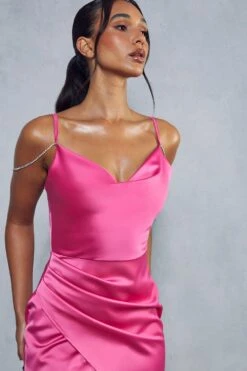 Premium Satin Diamante Strap Split Leg Maxi Dress -BOW Clothing Shop pink premium satin diamante strap split leg maxi dress 1