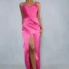 Premium Satin Diamante Strap Split Leg Maxi Dress -BOW Clothing Shop pink premium satin diamante strap split leg maxi dress