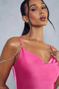 Premium Satin Diamante Strap Split Leg Maxi Dress -BOW Clothing Shop pink premium satin diamante strap split leg maxi dress 4