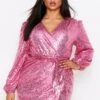Sequin Balloon Sleeve Wrap Dress -BOW Clothing Shop pink sequin balloon sleeve wrap dress