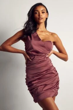 Premium Satin Draped Mini Dress -BOW Clothing Shop purple premium satin draped mini dress 4