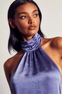 Satin Halterneck Cowl Back Mini Dress -BOW Clothing Shop purple satin halterneck cowl back mini dress 1