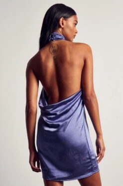 Satin Halterneck Cowl Back Mini Dress -BOW Clothing Shop purple satin halterneck cowl back mini dress 2