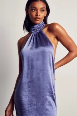 Satin Halterneck Cowl Back Mini Dress -BOW Clothing Shop purple satin halterneck cowl back mini dress 4