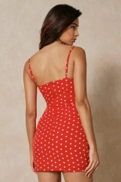 Polka Dot Ruched Cup Slip Dress -BOW Clothing Shop red polka dot ruched cup slip dress 2