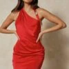 Premium Satin Draped Chain Strap Mini Dress -BOW Clothing Shop red premium satin draped chain strap mini dress