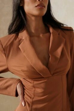 Premium Tailored Binding Front Blazer Dress -BOW Clothing Shop rust premium tailored binding front blazer dress 4