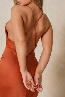Satin Low Back Midi Slip Dress -BOW Clothing Shop rust satin low back midi slip dress 1
