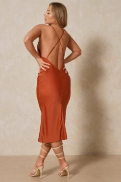 Satin Low Back Midi Slip Dress -BOW Clothing Shop rust satin low back midi slip dress 2