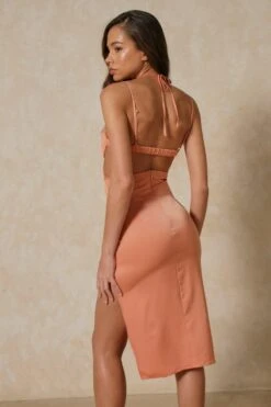 Satin Multi Strap Cupped Split Leg Midi Dress -BOW Clothing Shop rust satin multi strap cupped split leg midi dress 2
