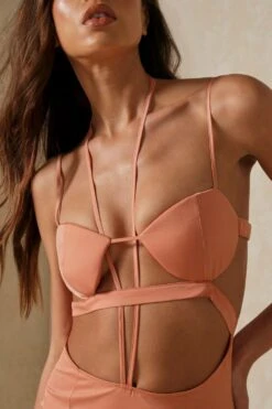 Satin Multi Strap Cupped Split Leg Midi Dress -BOW Clothing Shop rust satin multi strap cupped split leg midi dress 4