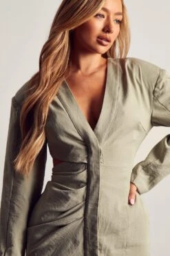 Linen Look Cut Out Shoulder Pad Dress -BOW Clothing Shop sage linen look cut out shoulder pad dress 1