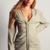 Linen Look Cut Out Shoulder Pad Dress -BOW Clothing Shop sage linen look cut out shoulder pad dress